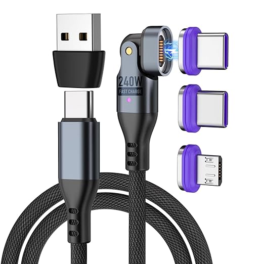 Bojianxin 240W Magnetic Charging Cable ,180°Rotating USBC to USB C Magnetic Data Cable ,Micro USB Phone Fast Charger Cable Data Transfer for Laptop/Tablet/Smart Phone (3ft)