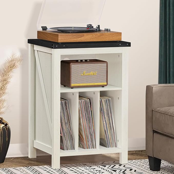 Record Player Stand with Vinyl Record Storage,White Record Player Table Holds up to 160 Albums,Large Wood Turntable Stand Cabinet Dispaly Shelf for Living Room,Bedroom,Office