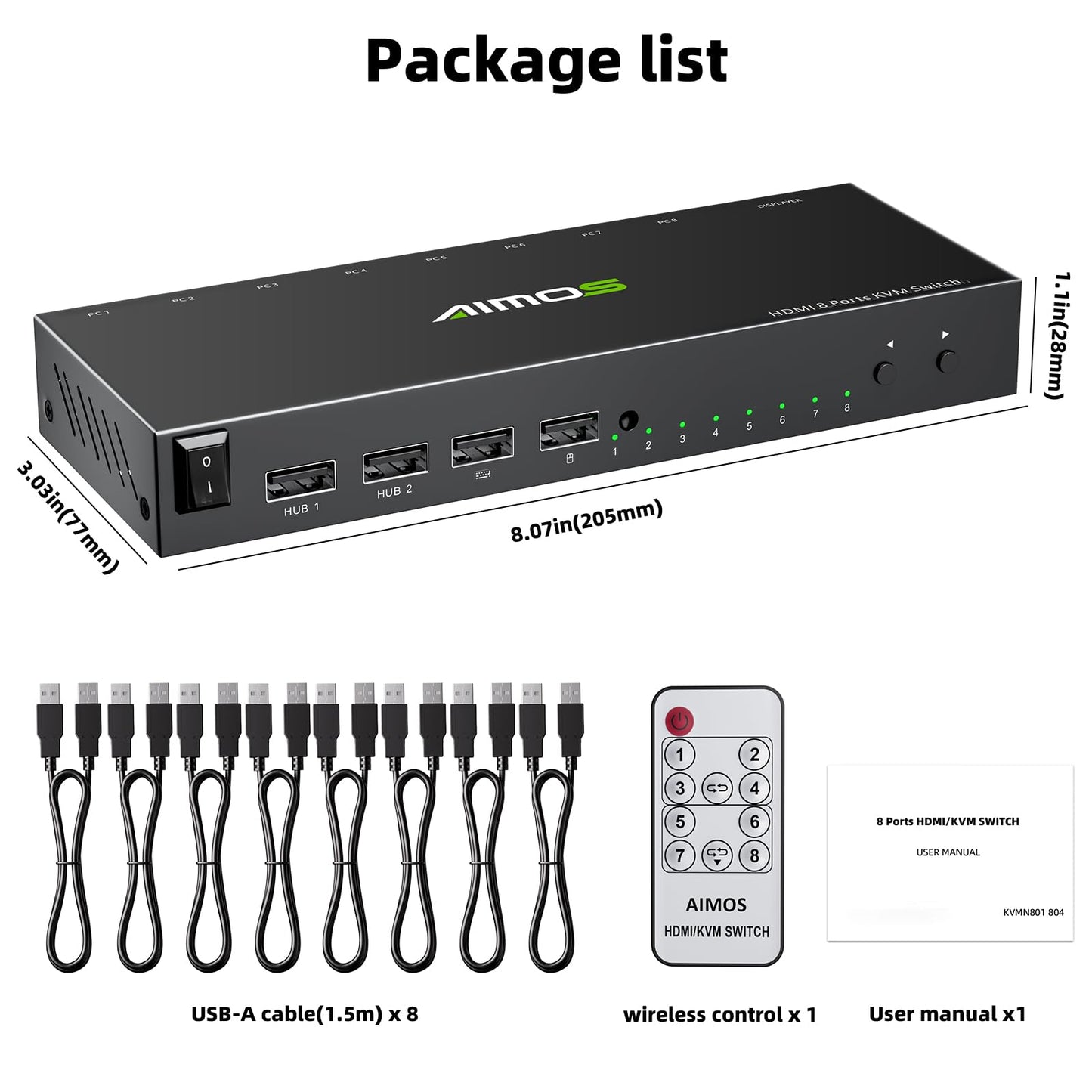 8 Port KVM Switch HDMI 4K@30Hz, USB2.0 HDMI KVM Switch for 8 Computers Share 1 Monitor Keyboard Mouse Printer, Support Hotkey Switch, with Remote Control and 8 USB Cables