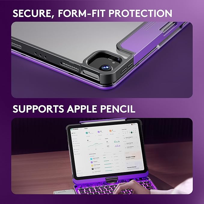 GUSGU Transparent Case with Wireless Keyboard only for 2024 iPad Pro 11-in.(M4), 7 Colors Backlight, Trackpad, 360°Rotating Stand for iPad Pro 11(5th Gen), Tech Style