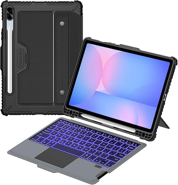 Nillkin for Samsung Galaxy Tab S10 Plus/S9 Plus 12.4" Case with Detachable Keyboard, 7-Color Backlit, Trackpad, S Pen Holder, Rugged Keyboard Case with Camera Cover for Samsung Tablet S9+/S10+ 5G
