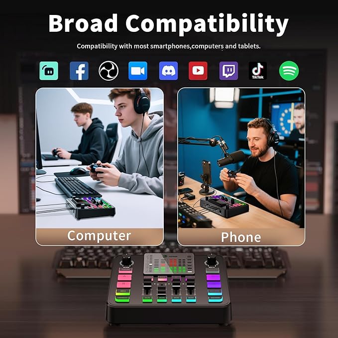 Podcast Equipment Bundle, PUPGSIS Audio Mixer with Dynamic Microphone, Pro-preamp, Bluetooth 5.3, Gaming Equipment Set for Podcast Recording, Live Streaming, Video Vocals, Phone, DJ