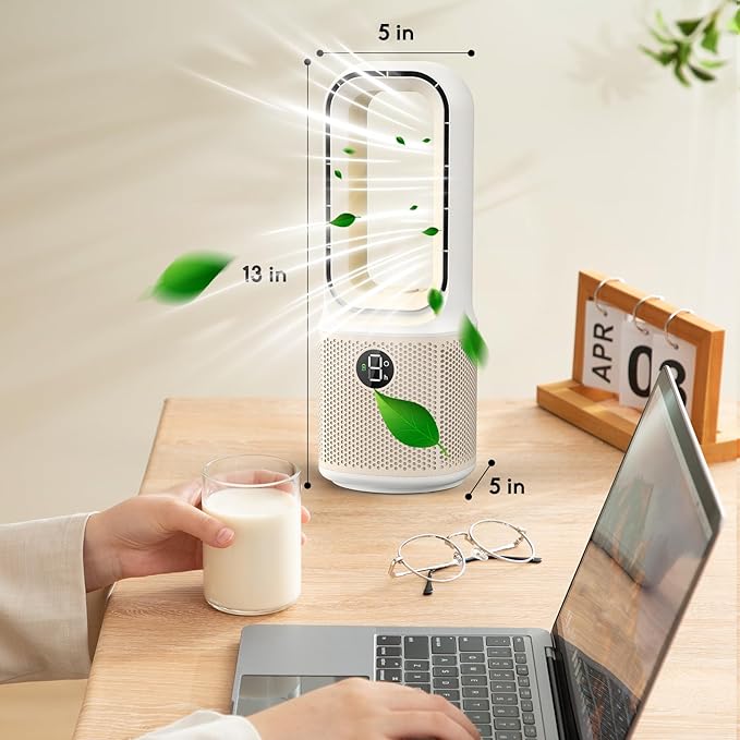Misby Desk Fans Small Quiet, 13 Inch Bladeless Table Fan, 9 Speeds for Powerful Airflow, 70° Oscillating Fan with Night Light and Timer, Desktop Cooling Fan for Bedroom, Office, Nightstand