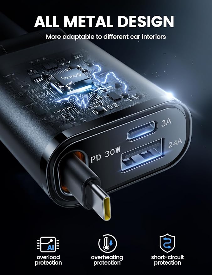 Lamicall Retractable Car Charger USB C for iPhone 17 16 15 Ultra-Compact