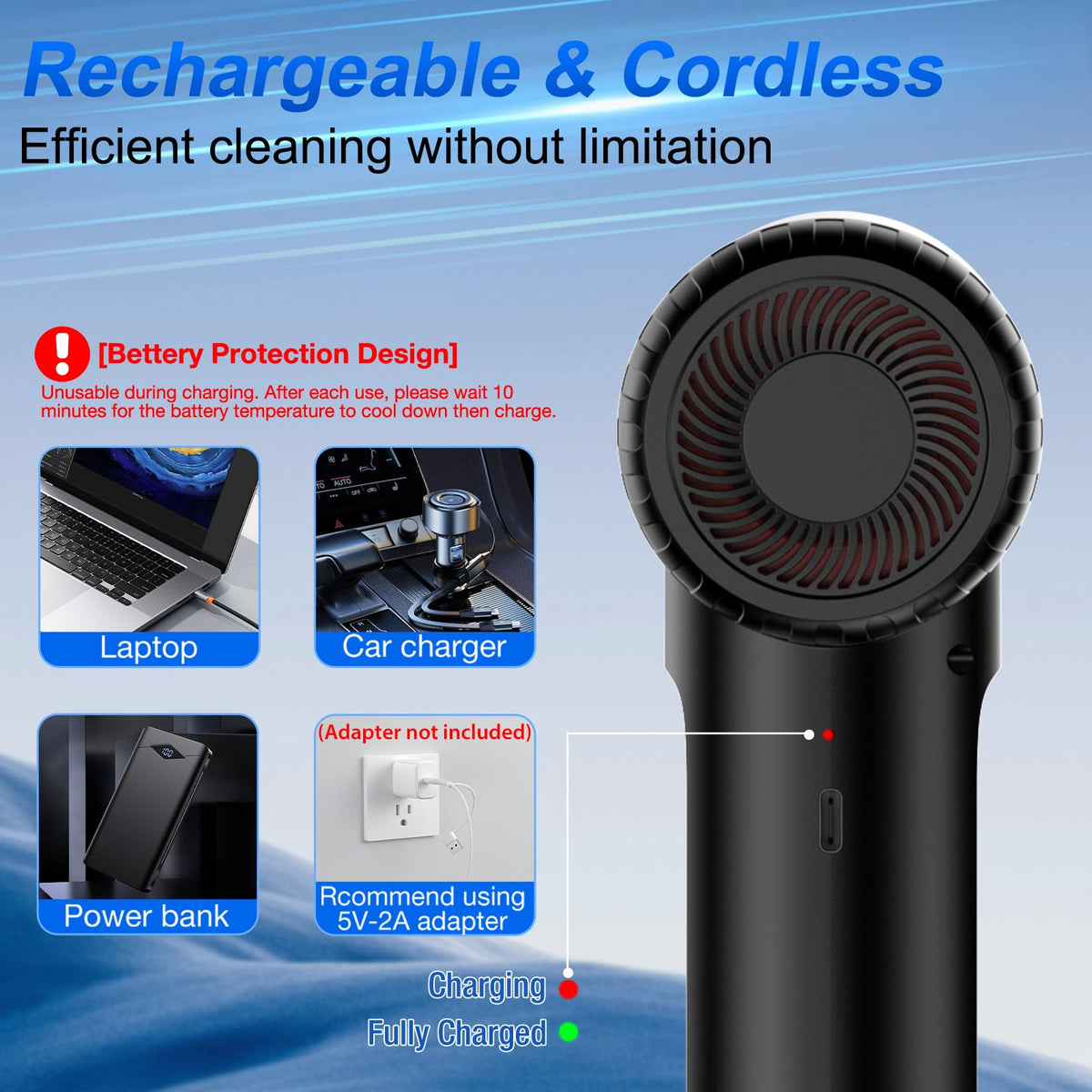 Compressed Air Duster, 100000RPM Handheld Car Vacuum/Air Blower& Pump, 3 Gear Adjustable Electric Air Duster/Car Vacuum Cleaner, Keyboard Duster with LED Light-10 Kits Air Blower for Computer(Black)