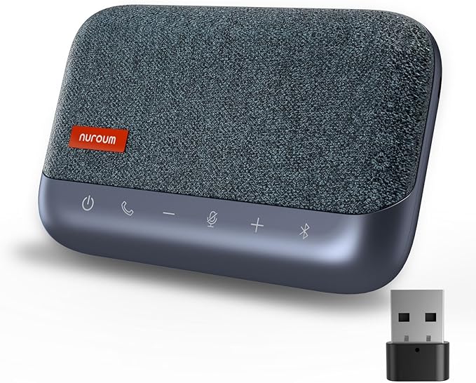 NUROUM A15 Conference Speaker and Microphone, Portable Bluetooth Wireless Speakerphone, 360° Noise Cancelling Voice Pickup, Daisy Chian for Calls/Computer/PC/Laptop via Bluetooth/Dongle/USB-A/C Grey