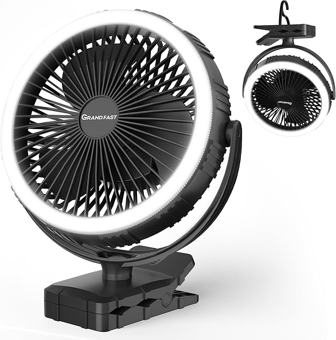 10000mAh Portable Fan with Clip, Rechargeable Clip On Fan with Light & Hook, 3 Strong Airflow & Timer, Battery Powered, Clamp On Desk Fan for Travel Outside Camping Sleep Bedroom Office RV Hurricane