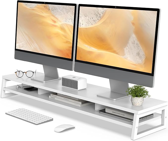 Fenge Dual Monitor Riser for Desk, Open Shelf with 3 Storage Compartments