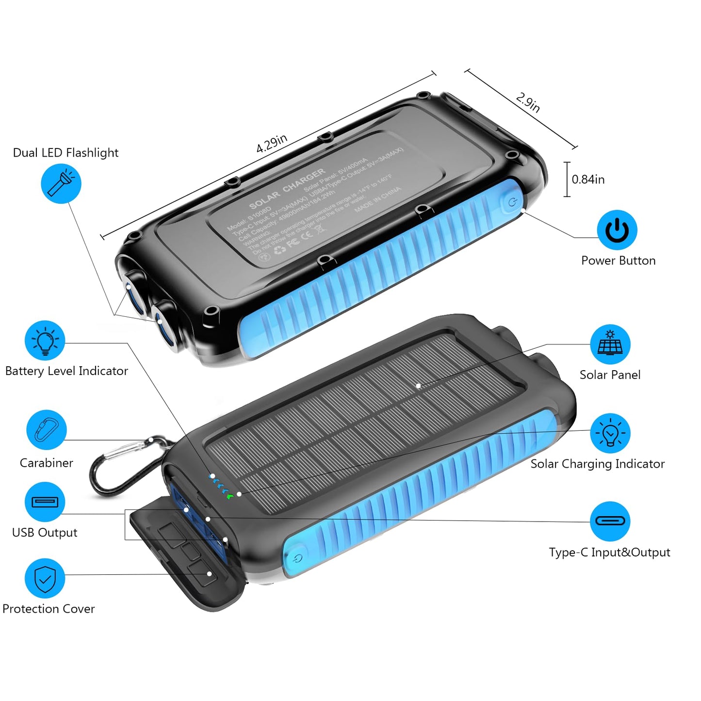 Kepswin Solar Power Bank 49800mAh Portable Solar Phone Charger with LED Flashlight/15W Fast Charge USB C Waterproof External Backup Battery Pack for All Cell Phones & Electronic Devices
