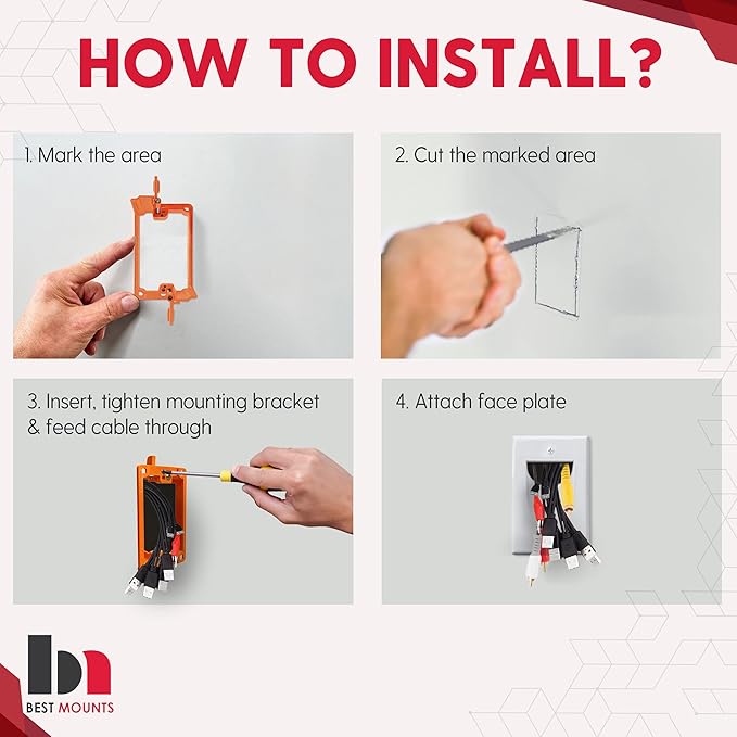 BestMounts - 1 Pack In Wall Cable Management Kit - Recessed Wall Plate Cable Pass Through Pair with Single Gang Low Voltage Mounting Bracket - TV Cord Hider for Wall Mounted TV ETL Listed