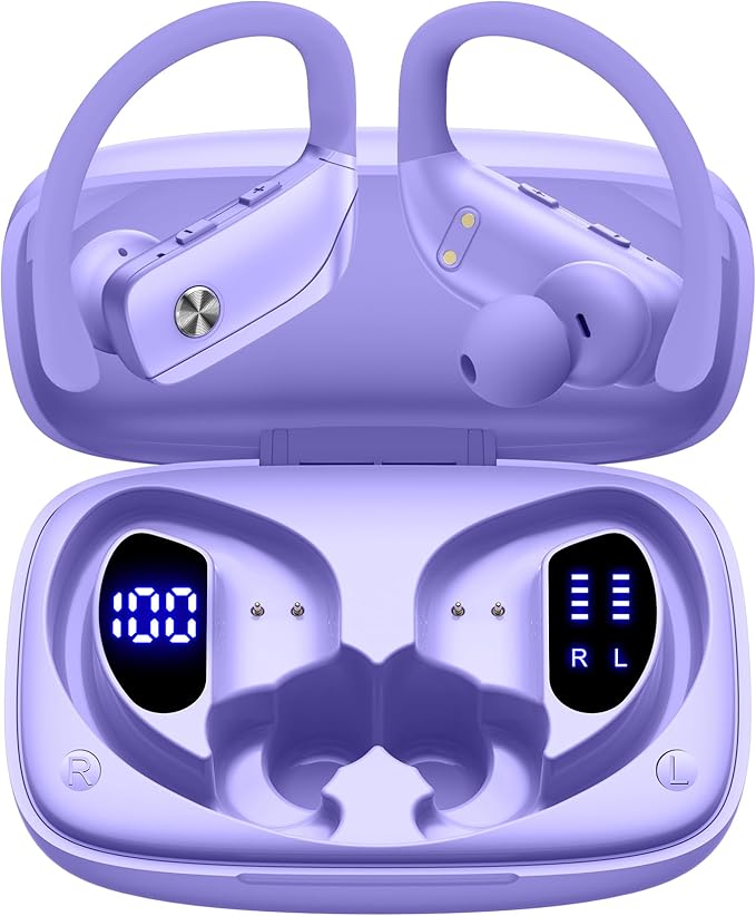 bmani Ear Buds Wireless Earbuds Bluetooth Headphones with 80H Playtime LED Display Case, Over-Ear Hook with Mic, Stereo Sound, Easy Button Controls, Sports Earphones for Running Workout Gym Mint Green