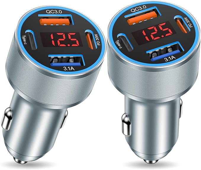USB C Car Charger,2Pack 65W 4 Port Car Phone Charger with Voltage Display