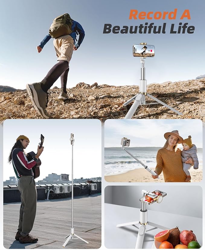 Phone Tripod & Selfie Stick with Remote, Portable Travel Phone Stand for Video Recording Vlog, Extendable Cell Phone Holder Compatible with iPhone Android, White, 62"