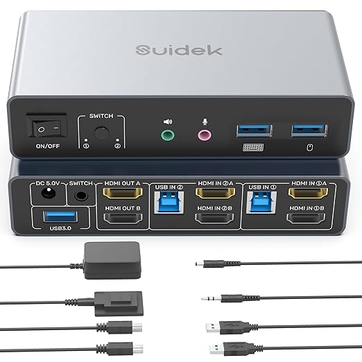 SUIDEK HDMI Displayport KVM Switch 2 Monitors 2 Computers 4K@60Hz Aluminum