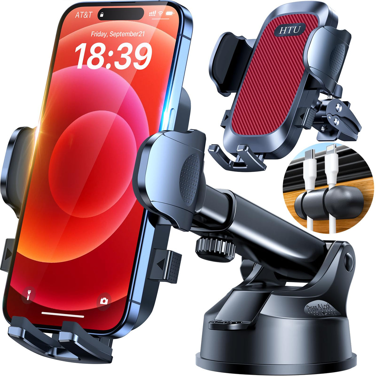HTU Car Phone Holderใ2026 Upgraded 100+LBS Suction & Safety Certใ Cell Phone Car Mount for Truck Heavy Duty Phone Holder for Dashboard/Windshield/Vent for iPhone 17 16 Pro Max, Dark Black
