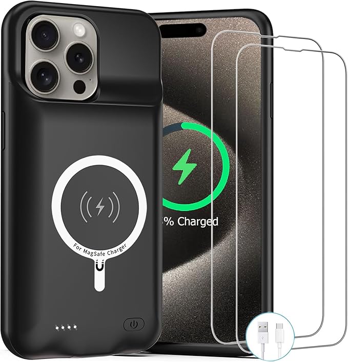 Battery Case for iPhone 15, Upgraded 10000mAh Rechargeable Portable Charging Case with Wireless Charging Compatible for iPhone 15 (6.1 inch) with Carplay Extended Battery Pack Charger Case (Black)