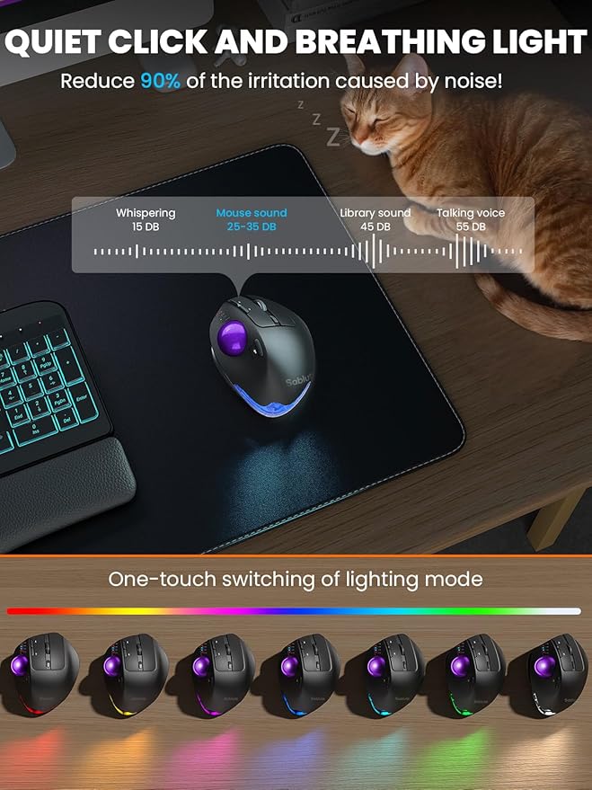 Wireless Trackball Mouse, Ergonomic Bluetooth Rechargeable Computer Mouse, Backlit Rollerball Thumb Laptop mice with 5 Level DPI, Adjustable Angle, 3 Devices Connection for PC, Windows - Purple Ball
