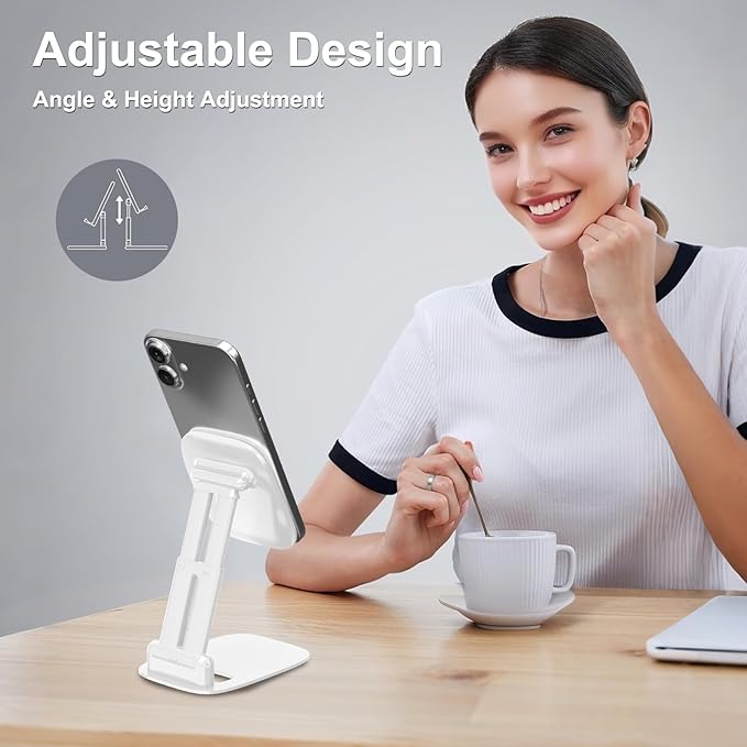 DEERLAMN Cell Phone Stand for Desk, Height Adjustable Cell Phone Holder Portable Desktop Stand, Travel Home Office Desk Accessories Compatible with iPhone 16/15/14/13/12/11 All Smartphone - White