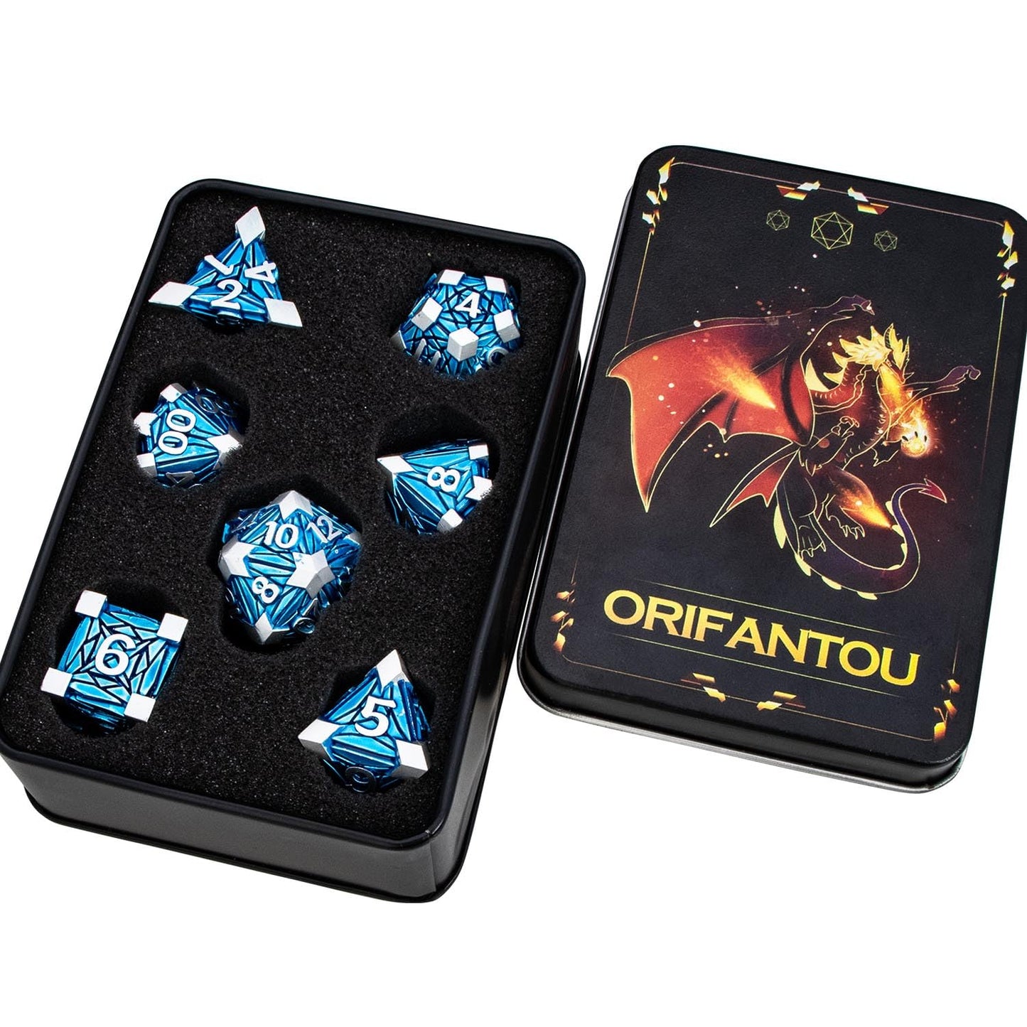 ORIFANTOU 7PCS Metal DND Dice Set with Box, Debris RPG Blue D and D Dice for use with D&D Tabletop Games Role Playing Game Polyhedral Dice Set D20 D12 D10 D8 D6 D4