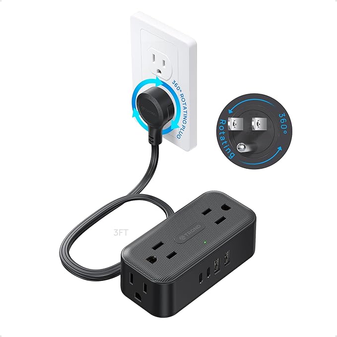 TROND 360° Rotating Flat Plug Power Strip 10ft, 4 Widely AC Outlets