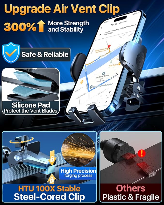 HTU Car Phone Holderγ2026 Upgraded 100+LBS Suction & Safety Certγ Cell Phone Car Mount for Truck Heavy Duty Phone Holder for Dashboard/Windshield/Vent for iPhone 17 16 Pro Max, Sapphire Blue