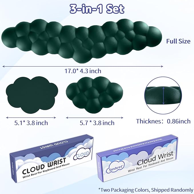 Cloud Wrist Rest for Keyboard and Mouse, Memory Foam PU Leather Keyboard Wrist Rest with Ergonomic Support, Non-Slip Base, Cute Arm Rest Pad & Palm Cushion, Office Desk Accessory, Dark Green