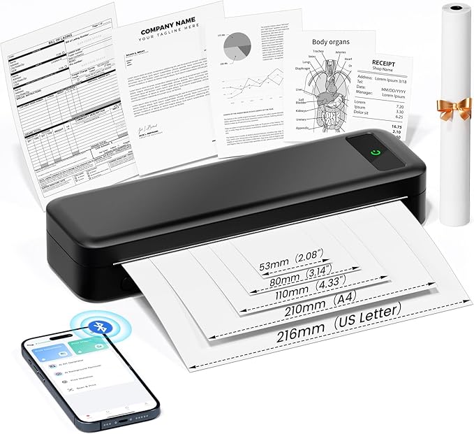A285M Wireless Inkless Portable Thermal Printer, with Case & 4 Rolls Paper