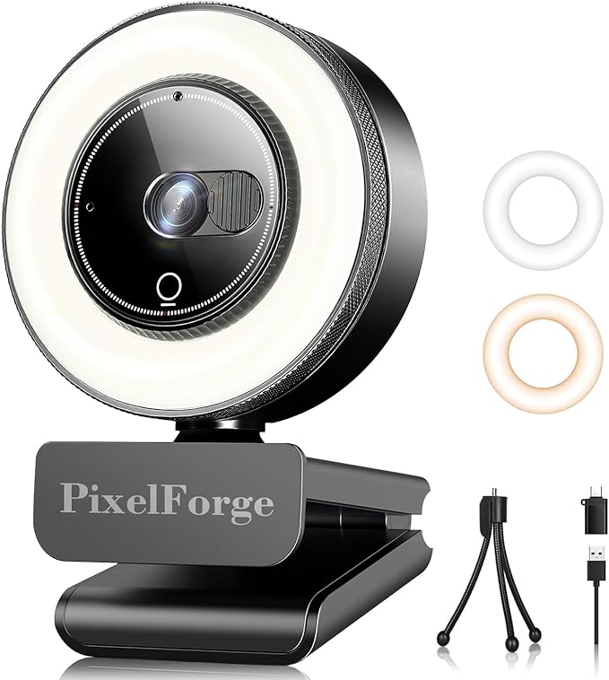 PixelForge 4K Webcam for PC with Microphone & Light & Privacy Cover
