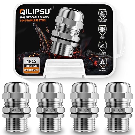 QILIPSU 2pcs 1/2" NPT 304 Stainless Steel Cable Gland Waterproof IP68 Metal Strain Relief Cord Grip Long Thread Cable Pass Through Wire Connector