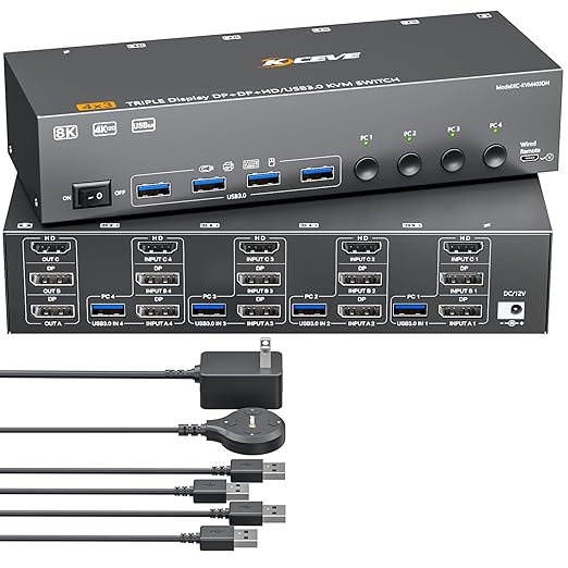 HDMI+2Displayport KVM Switch 3 Monitors 3 Computers 8K@60Hz 4K@144Hz,Triple Monitor KVM Switches with 4 USB3.0 Port for USB Devices,Wired Remote,Power Adapter and USB Cables Included.