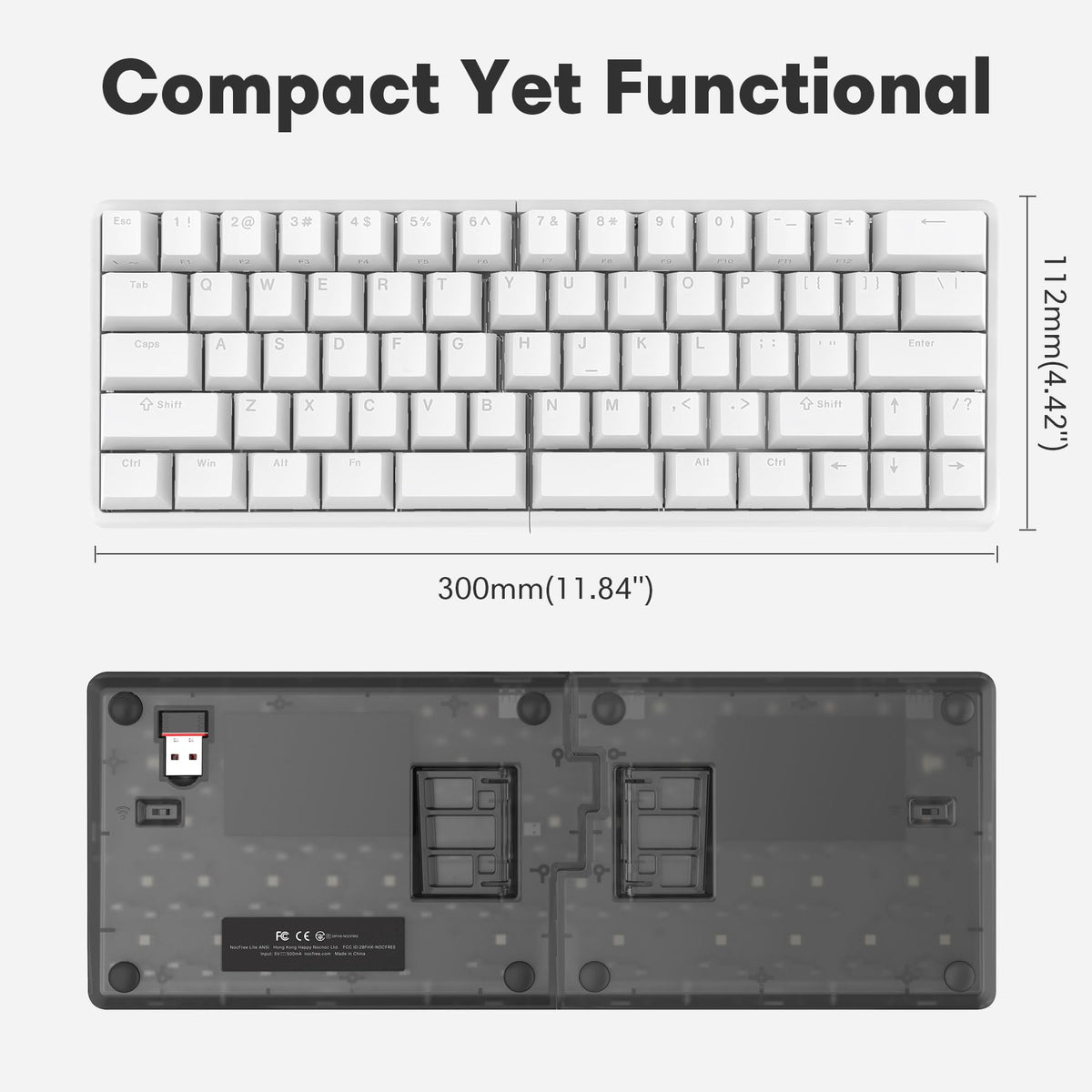 NocFree Wireless Ergonomic Split Mechanical Keyboard with Wrist Rest- Tactile, RGB, Foam, Hot-Swappable, Compact 60% Layout, Palm Rest, Programmable for Mac & Windows, PBT Keycaps
