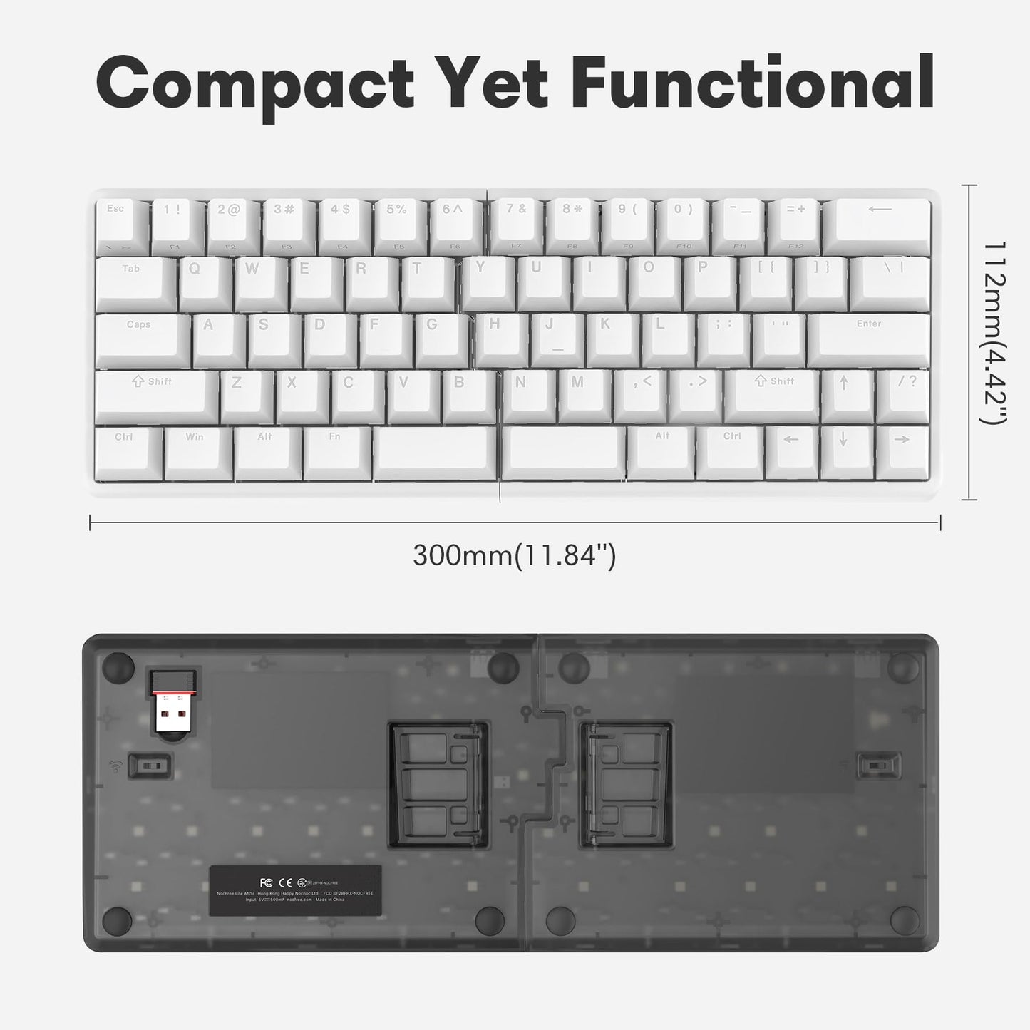 NocFree Wireless Ergonomic Split Mechanical Keyboard with Wrist Rest- Tactile, RGB, Foam, Hot-Swappable, Compact 60% Layout, Palm Rest, Programmable for Mac & Windows, PBT Keycaps