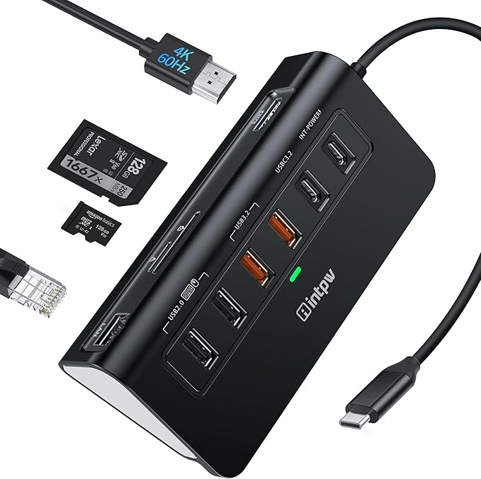 USB C Hub, intpw 9-in-1 USB Multiport Adapter with 4K HDMI, PD 100W, USB-C and 2 USB A 3.0 5Gbps, 2 USB A 2.0, SD/TF Slots for MacBook Pro/Air, iPad Pro, iPhone 15/16 Series