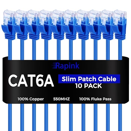 Rapink Patch Cables Cat6a 1ft (50 Pack) Slim, Cat6a Ethernet Patch Cable 10G Support, Snagless Cat 6 Patch Cable for Patch Panel to Switch, Flexiable Cat 6a Ethernet Cable with Gold Plated