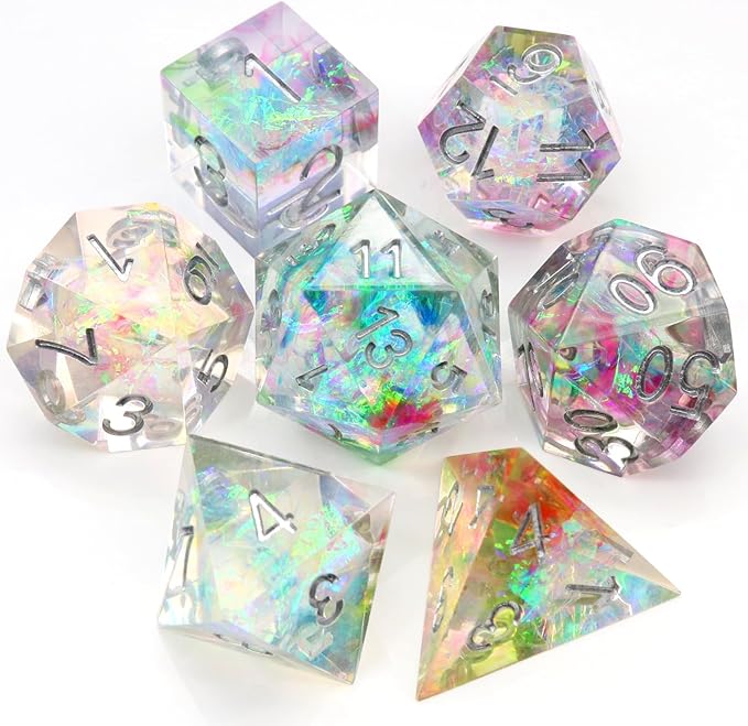 Haxtec Sharp Edge DND Dice Set, Gold Flakes Resin Polyhedral RPG Dice