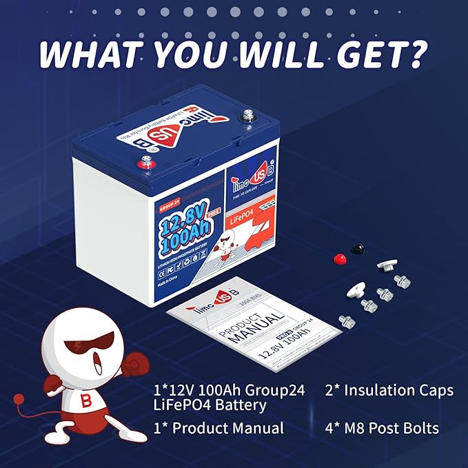 12V 100Ah Lithium Iron Phosphate Battery BCI Group 24, Timeusb LiFePO4 Battery Built-in 100A BMS, Up to 15000 Deep Cycles, Perfect for RV, Marine, Home Energy Storage (3 Pack)
