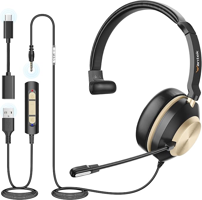 Wantek USB Headset with Microphone, Type-c/USB/3.5mm Jack 3-in-1 PC Headset, Wired & Noise Cancelling Headphone with Volume Control for Call Centers, Skype, Zoom, Home Office, 0nline Courses