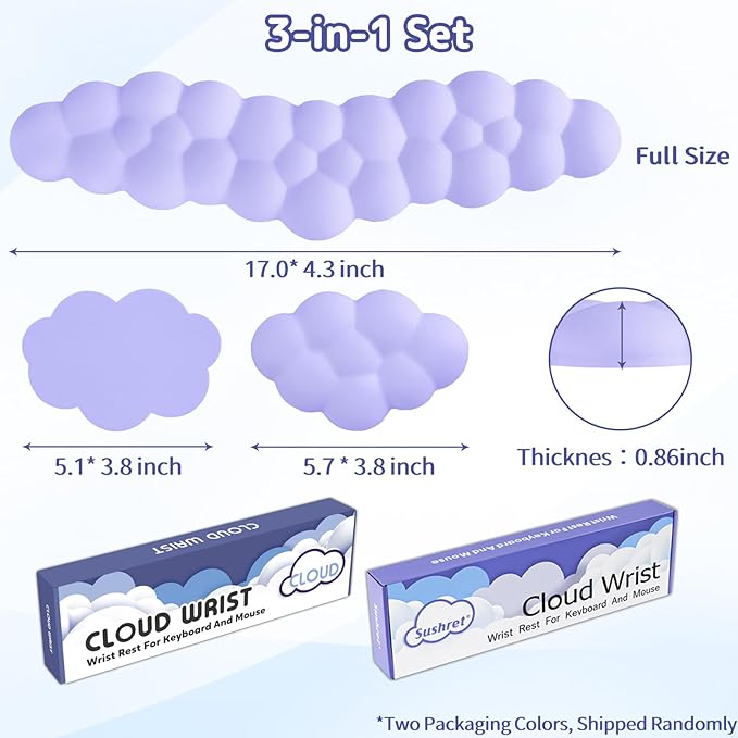Cloud Wrist Rest for Keyboard and Mouse, Memory Foam PU Leather Keyboard Wrist Rest with Ergonomic Support, Non-Slip Base, Cute Arm Rest Pad & Palm Cushion, Office Desk Accessory, Purple