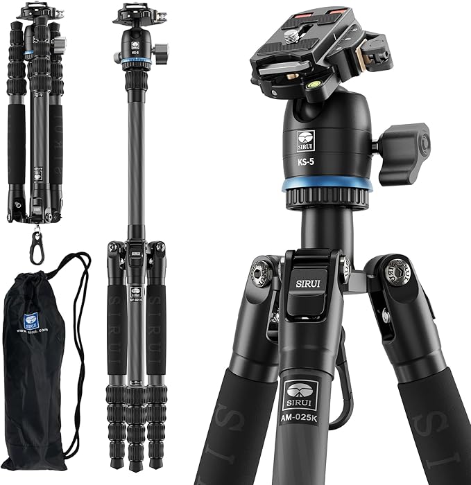SIRUI Traveler 7C Camera Tripod 65.55 inches Carbon Fiber Arca Tripod with E-10 360° Panorama Ball Head and Arca Swiss Quick Release Plate Load Capacity Up to 17.6lbs, Convertible to Monopod
