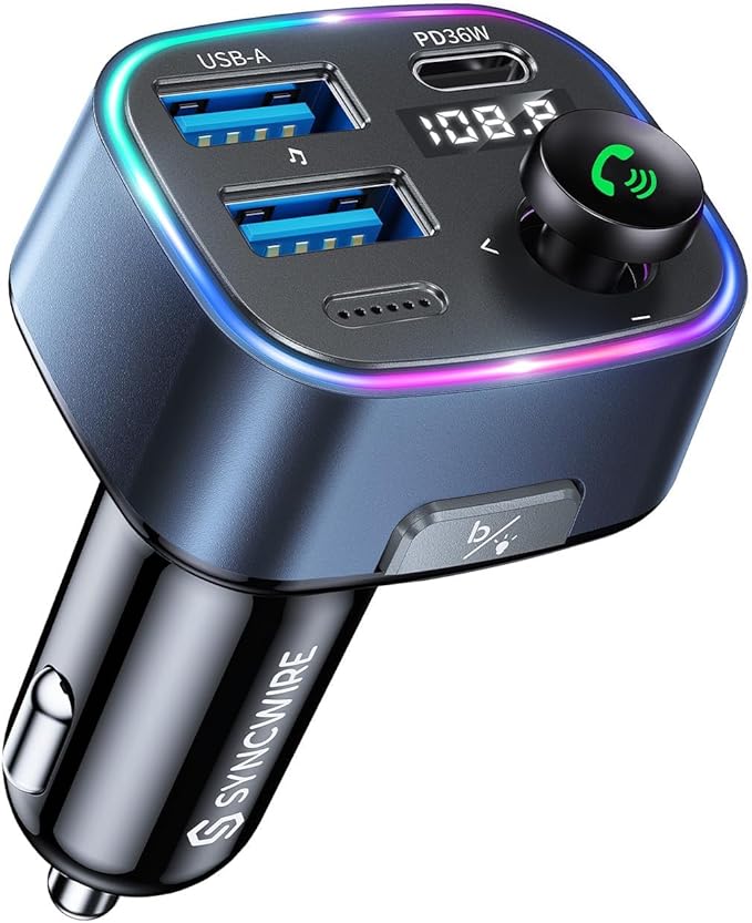 Syncwire Bluetooth 5.4 Car Adapter 48W FM Transmitter for Hands Free Calls