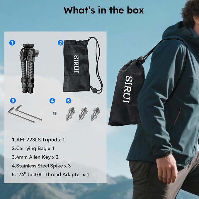 SIRUI Carbon Fiber Mini Tripod with Bowl Base, 33lbs Max Load, Ultra-Lightweight 1.63lbs, 8.82in Folded, 360° Panorama & ±15° Tilt for Camera/Phone/Vlogging(AM-223LS)