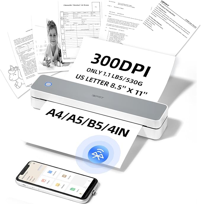 iDPRT Portable-Printer Wireless for Travel,300DPI Inkless Thermal Small Printers for Home Use,Office,Vehicles,Mobile Bluetooth Printer Supports 8.5" x 11" US Letter,for Smartphone & PC,White Gray
