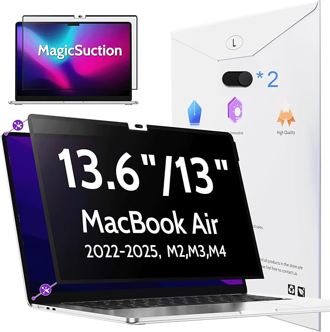 Peslv Privacy Screen for MacBook Air 15 Inch (2023-2026, M2, M3, M4, M5)- A3448 A3241 A3114 A2941, MagicSuction™ Removable Anti Spy Black Protector, Glare Blue Light Filter for Mac Laptop Computer