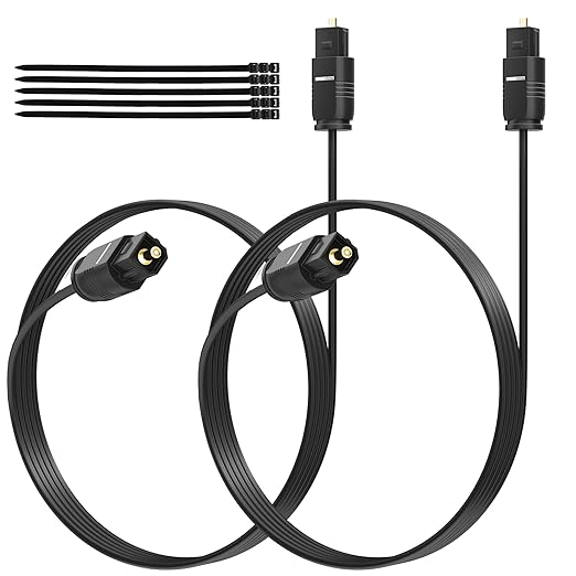 Adoreen Ultra-Thin Slim Digital Optical Audio Cable 4 FT/2 Pack, Fiber Optic Toslink SPDIF Cord Gold-Plated High-Speed Flexible & Durable for TV Soundbar Home Theater Game Console PS4 Xbox +Ties