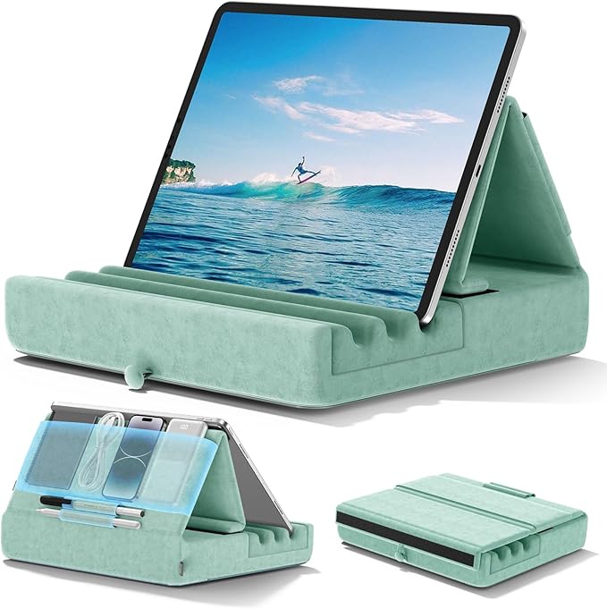 KDD Tablet Pillow Holder, Foldable iPad Stand for Lap, Bed and Desk -Tablet Soft Pad Dock with Pocket & Stylus Mount Compatible with iPad Pro 12.9, 10.5, 9.7 Air Mini 6 5 4 3, Galaxy Tab, E-Reader