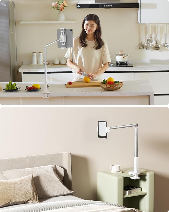 Phone Holder for Bed, 360° Rotation Cell Phone Stand, Flexible Long Arm Headboard Bedside Clip, Multi-Functional Overhead Phone Mount for 3.5-11" Phones, Tablets, Kindle, White