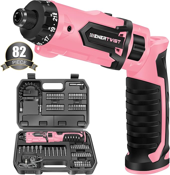 Enertwist Electric Screwdriver, 8V Max 10Nm Pink Cordless Screwdriver Rechargeable Set with 9 Accessory Kit, 21+1 Cluth, Dual Position Handle, LED Light
