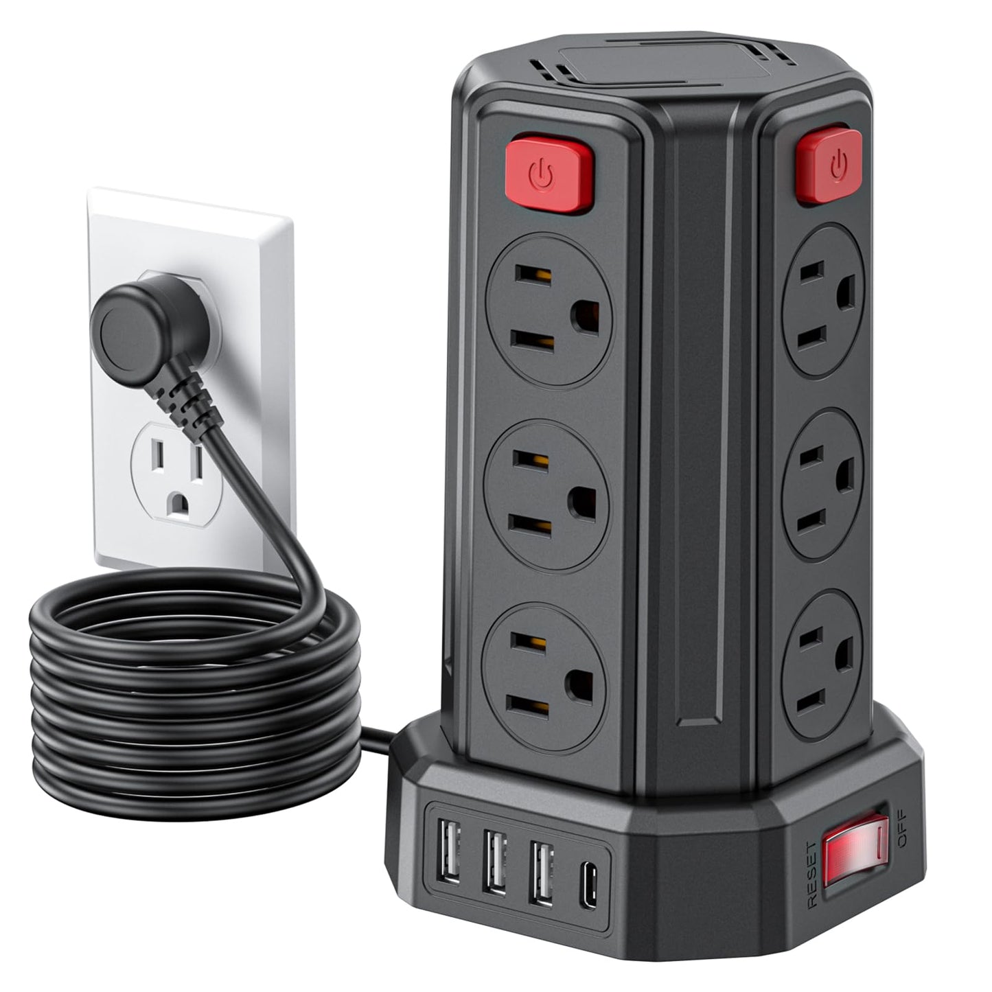 Power Strip Surge Protector, 6.5 Ft Extension Cord with 12 AC Multiple Outlets 4 USB (1 USB C), SMALLRT Power Tower Desktop Charging Station