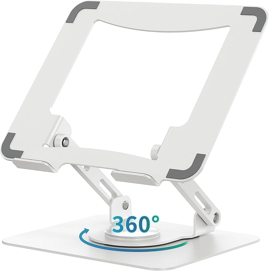 SOUNDANCE 360 Rotating Laptop Stand, Ergonomic Computer Riser for Desk, Adjustable Height Multi-Angle Metal Holder, Foldable Portable Notebook Elevating Base for Office & Home