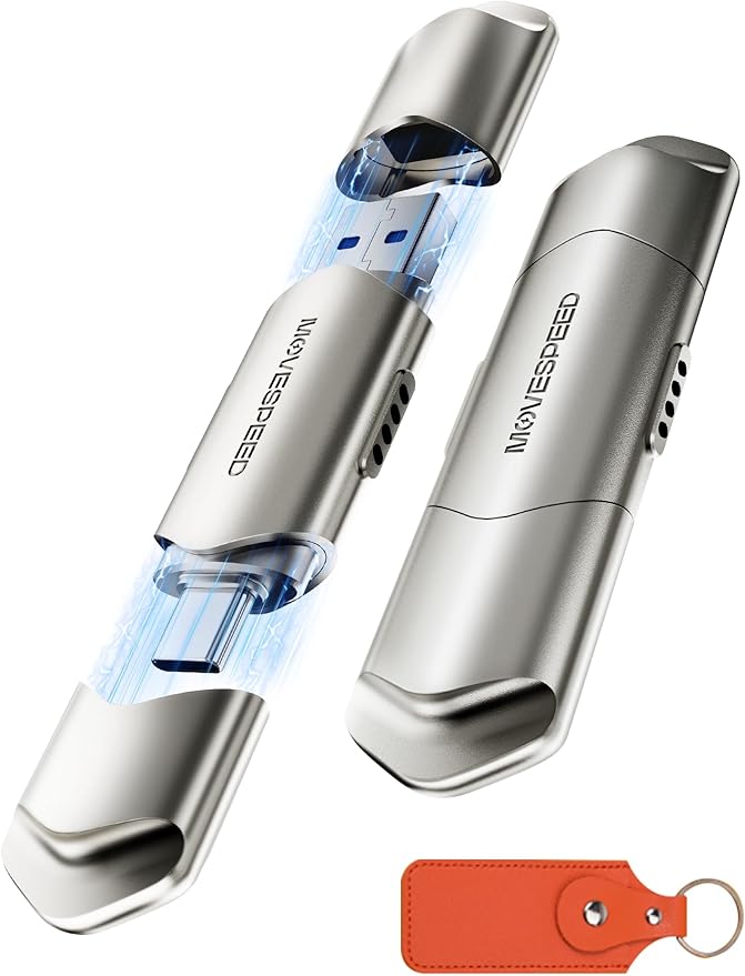 MOVE SPEED USB Drive 1TB External SSD 1000MB/s USB 3.2 Gen2+USB C Dual Ports Portable Zinc Alloy Thumb Drive Stick, External Drive with Metal Casing for iPhone 15/16/17 Series/Mac/Android Phone